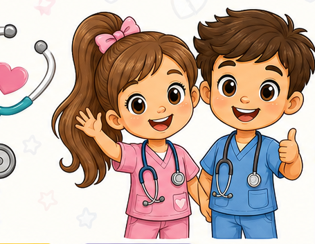 Two cheerful Little Scrubs Club kids wearing scrubs